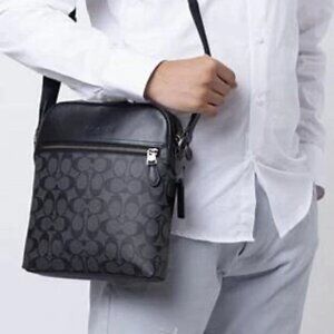 Coach Men's Houston Flight Bag Signature Canvas&Leather Charcoal Black NWT